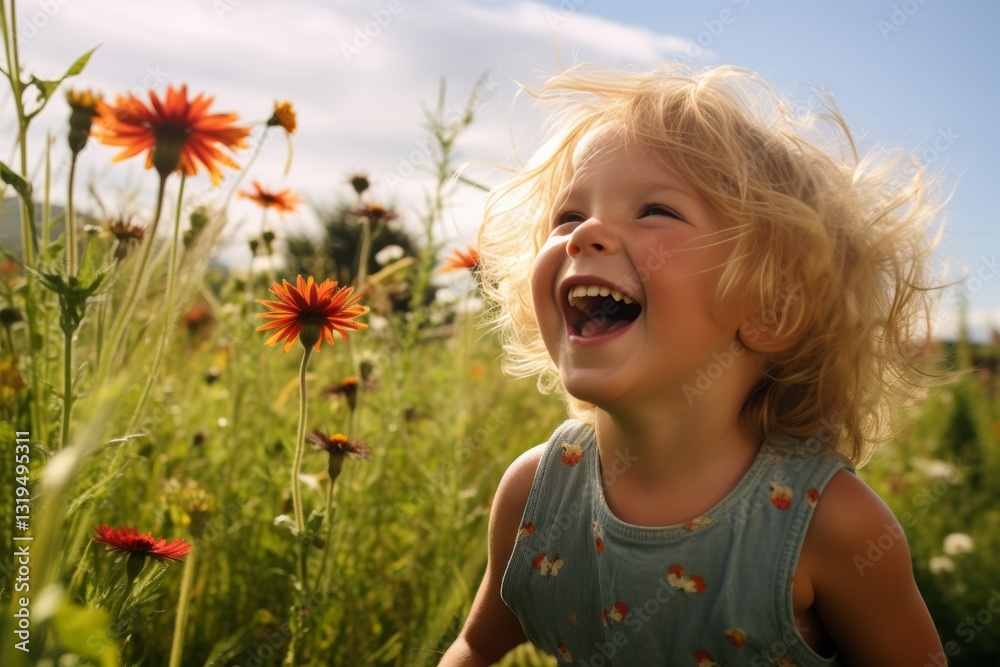 Joyful young girl laughing in a sunny park surrounded by blooming flowers and colorful balloons Joyful young girl laughing in a sunny park surrounded by blooming flowers and colorful balloons