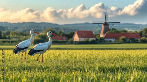 Storks in field, windmill backdrop, serene rural scene photo