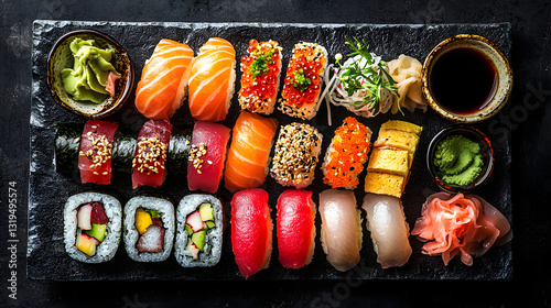 sushi, Japanese food, sushi rolls, sashimi, nigiri, gourmet cuisine, seafood dish, traditional Japanese, fine dining, Asian cuisine, fresh fish, food styling, sushi plate, vibrant food, restaurant dis