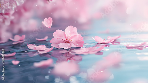 cherry blossom, sakura, flower petals, floating petals, water reflection, pink flowers, spring season, romantic scenery, floral beauty, nature close-up, gentle breeze, delicate petals, tranquil water,