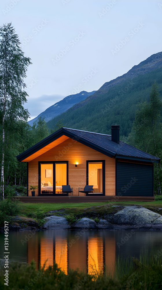 Cozy modern cabin nestled by a serene lake at dusk Cozy modern cabin nestled by a serene lake at dusk