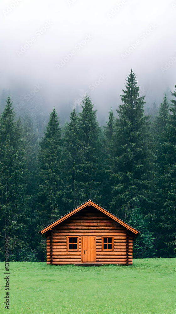 Cozy wooden cabin nestled in a misty forest Cozy wooden cabin nestled in a misty forest