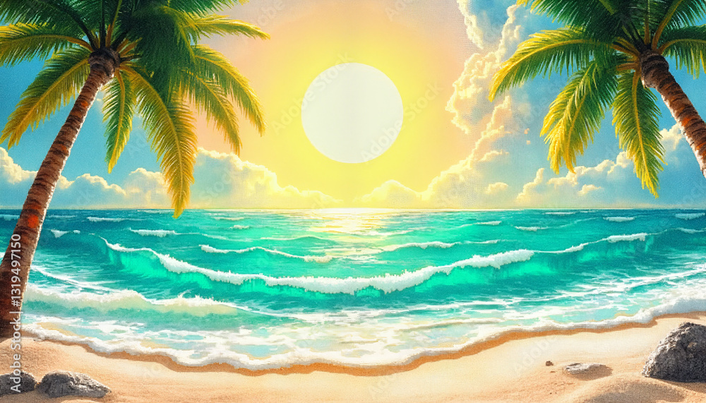 Beautiful tropical beach scene with sun and palm trees under a vibrant sky, illustration