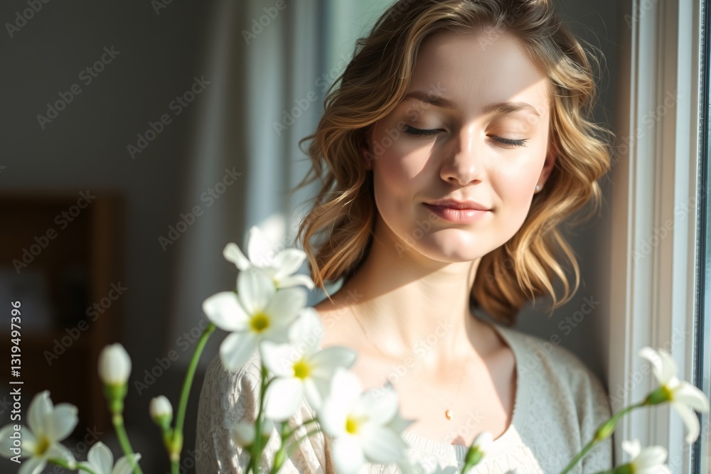 Peaceful Woman Enjoying Sunshine Through Window With Flowers in Foreground Peaceful Woman Enjoying Sunshine Through Window With Flowers in Foreground