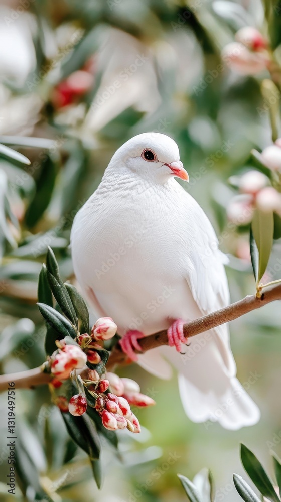 Fototapeta premium White dove perched on blossom-laden branch in lush greenery. World Peace and Understanding Day