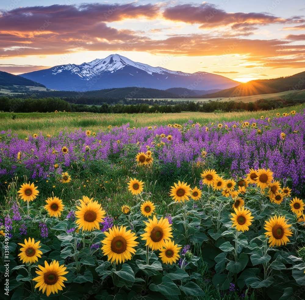 Fototapeta premium Majestic Mountain Landscape with Vibrant Sunflowers and Purple Wildflowers Under a Stunning Sunset Sky in a Serene Natural Environment