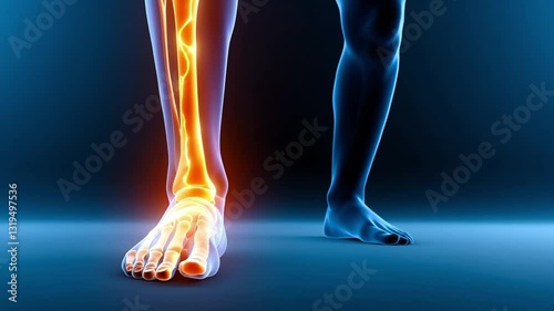 Medical figure depicting of right leg and foot pain with red highlights marked the inflammation or inflamed joint, bone scan model 3D rendering graphic for analysis