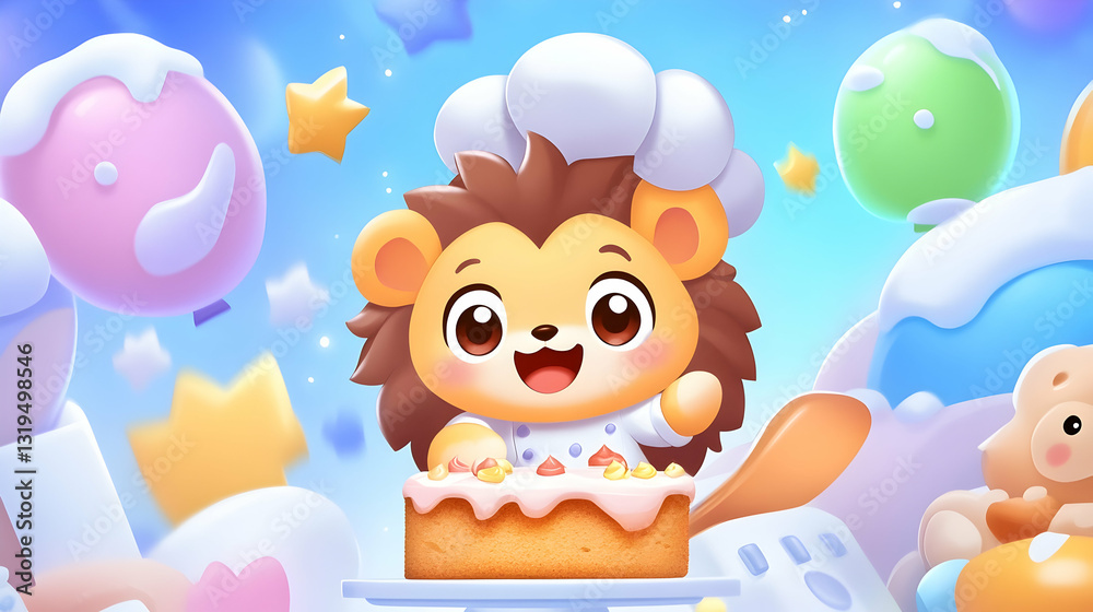 Fototapeta premium Cute hedgehog chef baking a birthday cake in a vibrant, playful scene