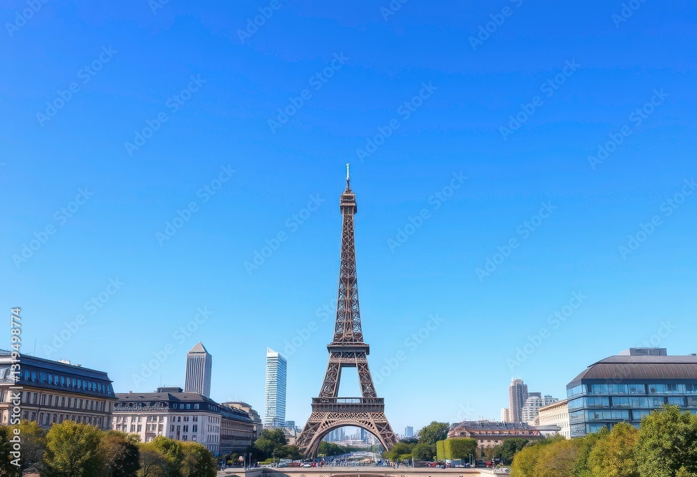 Fototapeta premium Paris skyline, modern architecture, clear blue sky, wide angle view, steel, horizon