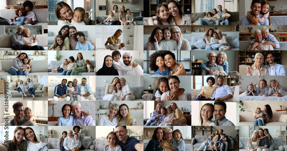 Fototapeta premium Happy family Day celebration, close up faces, portraits of young and old people, enjoy good warmth relation, hugging, feeling unconditional love smiling looking at camera, collage view. Video call app