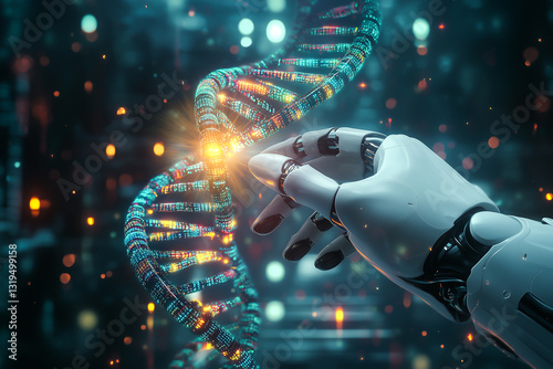 A robot's hand is touching a holographic image of human DNA, showing that in the future robots could perform genetic engineering.