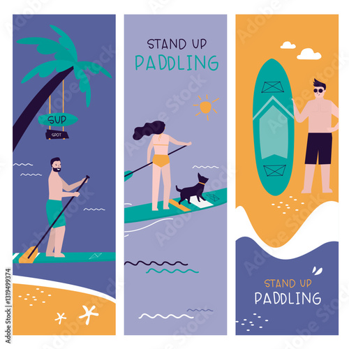 Paddleboarding SUP, characters stand up paddle boards. Surfers in swimwear riding sea waves on paddle board. Set of three vertical cards. Summertime activity, vacation.