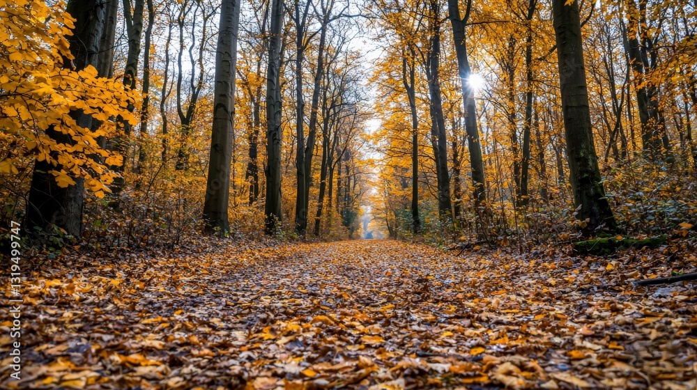 Obraz premium Golden autumn leaves carpet forest path tranquil nature scene captivating landscape serene viewpoint