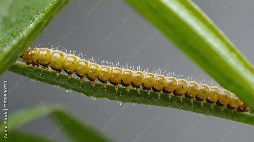 Naklejka premium Orange-Spotted Caterpillar on a Green Stem