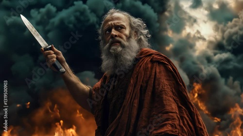 A dramatic scene of Abraham raising a knife, prepared to sacrifice Isaac