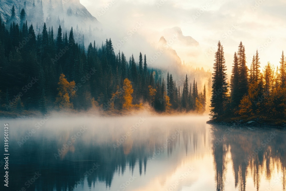 Fototapeta premium A serene mountain lake at sunrise with mist rising from the water