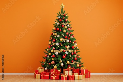 Festive Christmas tree with ornaments and gift boxes on a wooden floor against an orange background. Holiday celebration and seasonal joy concept. Ai generative photo
