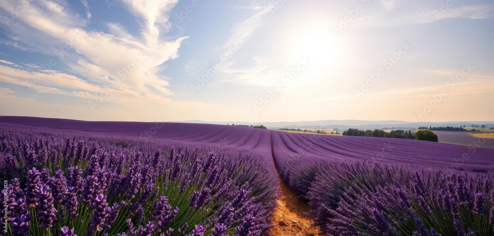 Naklejka premium Rolling purple lavender fields under a bright Proven?al sky, holiday, bloom
