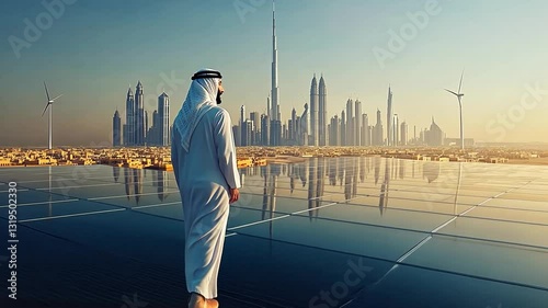 Arabian Innovation: A Vision of Sustainable Energy with the Dubai Skyline in the Horizon