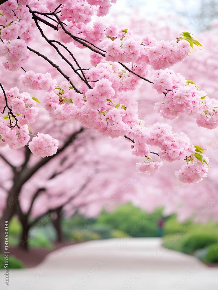 Obraz premium Delicate pink blossoms cascade over a pathway
