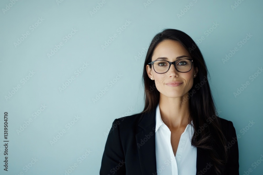 confident business professional stands against blank background looking directly at camera