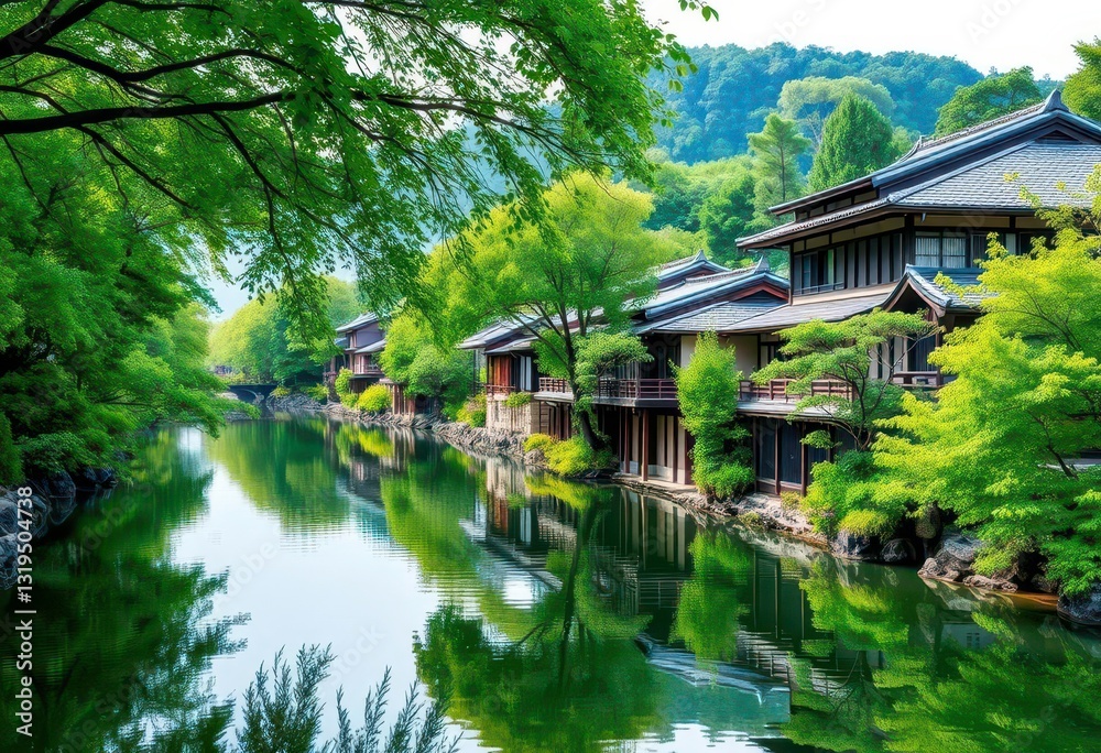 Serene Kyoto river scene, lush greenery reflecting in calm waters, tranquil, summer