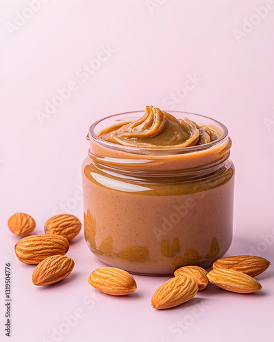 Delicious almond butter in a glass jar, surrounded by almonds.  A healthy and tasty spread