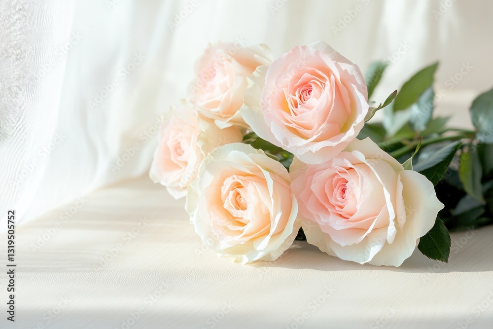 Obraz premium delicate arrangement of pink and white roses on light wooden table with soft sunlight filtering through sheer curtain