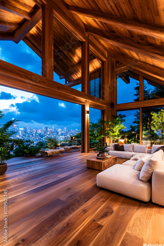 Luxurious living room with expansive city views featuring a large sectional sofa wooden floors and ceiling