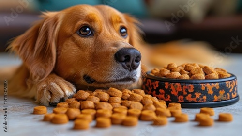 Golden retriever dog looking at dog food