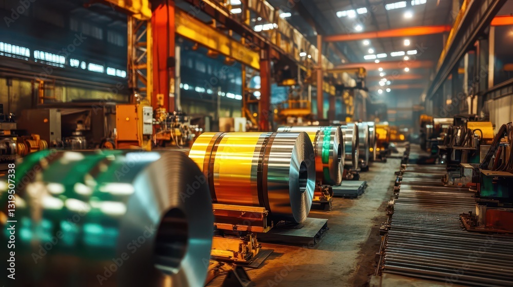 Fototapeta premium Industrial Steel Coil Processing in a Large Manufacturing Facility