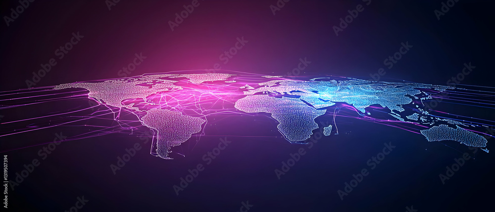 Abstract World Map With Glowing Blue And Purple Particles On Dark Background Digital Technology Visualization
