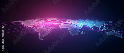 Obraz na płótnie Abstract World Map With Glowing Blue And Purple Particles On Dark Background Digital Technology Visualization w salonie