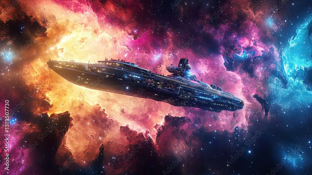 Obraz premium Interstellar cruise ship traveling through colorful nebulae, vibrant cosmic clouds and distant stars