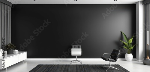 Sleek black wall minimalist home office, ideal virtual meeting backdrop, sleek, monitor