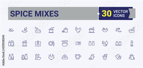 Spice Mixes icon set. Contains such icons as condiment, kitchen, Powder, Salt, ingredients and more. Spices icon collection. Sign and Symbol. Vector icons editable stroke.