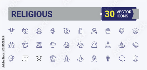Religious modern icons set. Contains related to lotus, yoga, spiritual, relax, wellness, peace and more. Spiritual icons. Icons for design. Minimalistic icon collections.