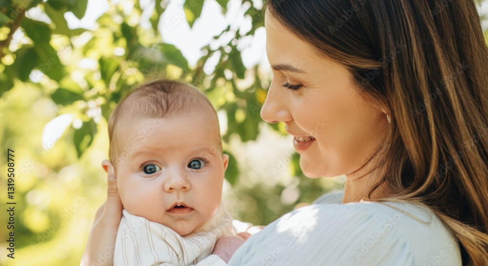 Caucasian female adult holding baby outdoors in sunlit garden Caucasian female adult holding baby outdoors in sunlit garden