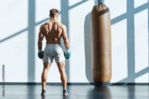 lone boxer clad in shorts and hand wraps stands in gym exuding determination casting long shadows on plain backdrop