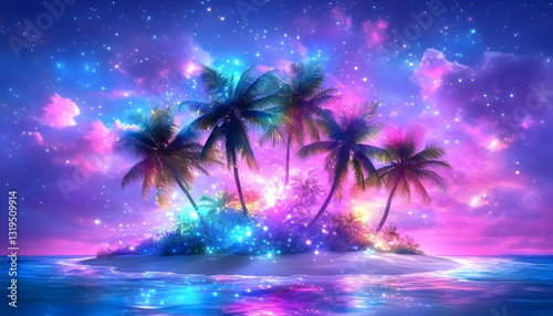 Magical island at night palm trees glowing ocean starry sky