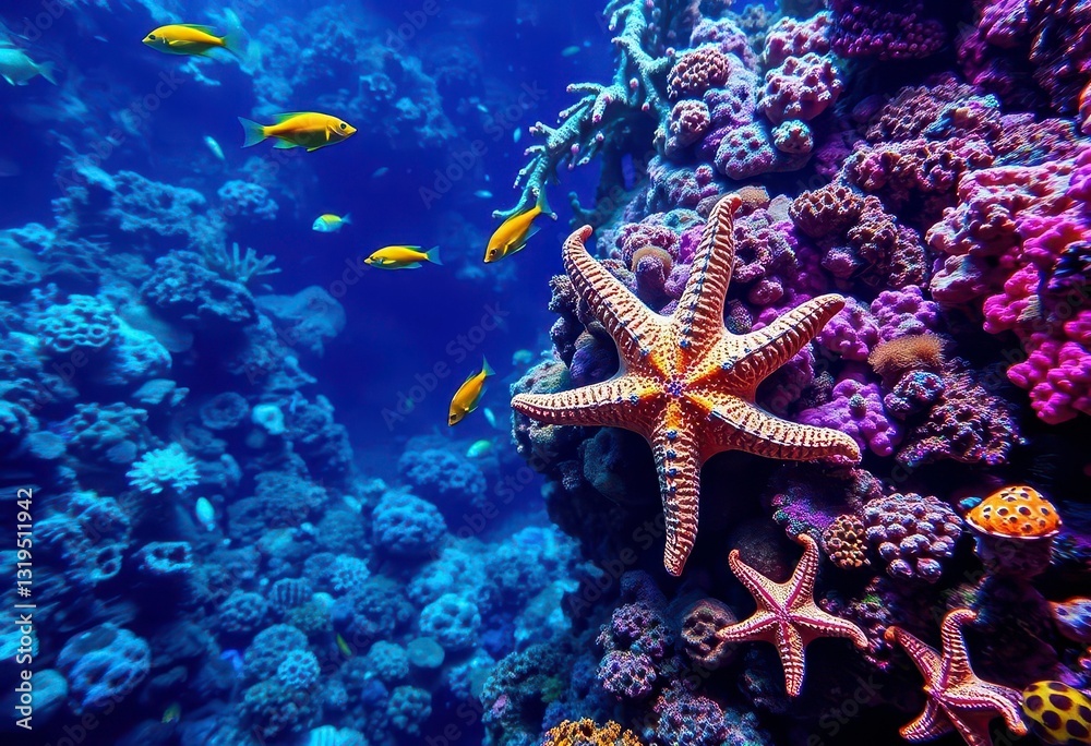 Starfish & fish in vibrant coral reef, tropical sea, underwater, sea creature Starfish & fish in vibrant coral reef, tropical sea, underwater, sea creature