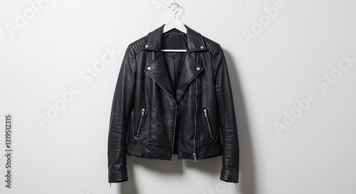 Hanging black leather jacket on white background for fashion advertising