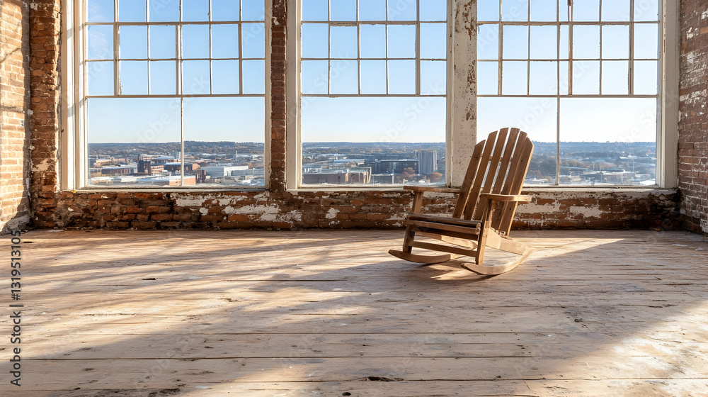 Empty room with a rocking chair overlooking city skyline Empty room with a rocking chair overlooking city skyline