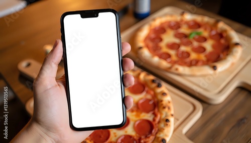 Hand holding smartphone with blank screen over pepperoni pizza, ready to order