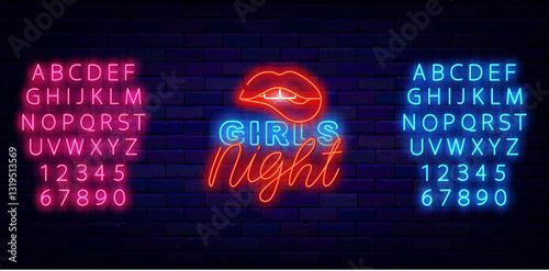 Girls night neon label. Female party. Shiny pink and blue alphabet. Woman biting lips. Vector stock illustration
