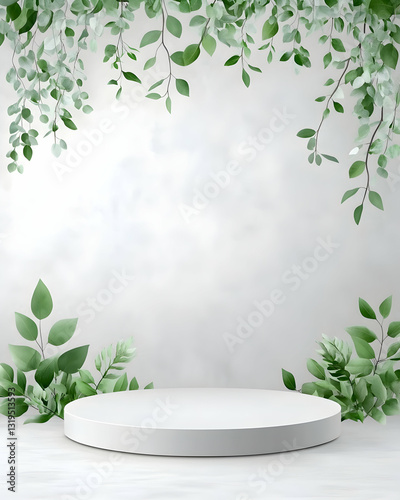 Empty white pedestal surrounded by greenery