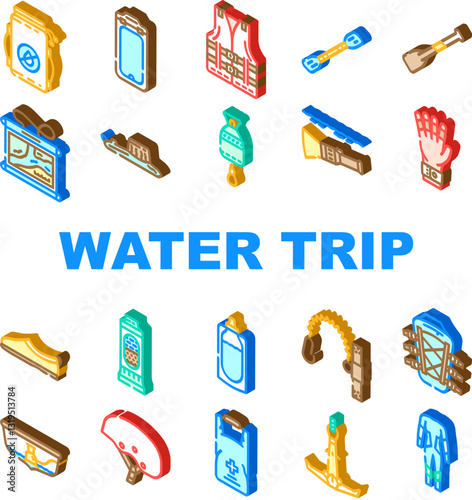 water trip tourism rafting icons set vector