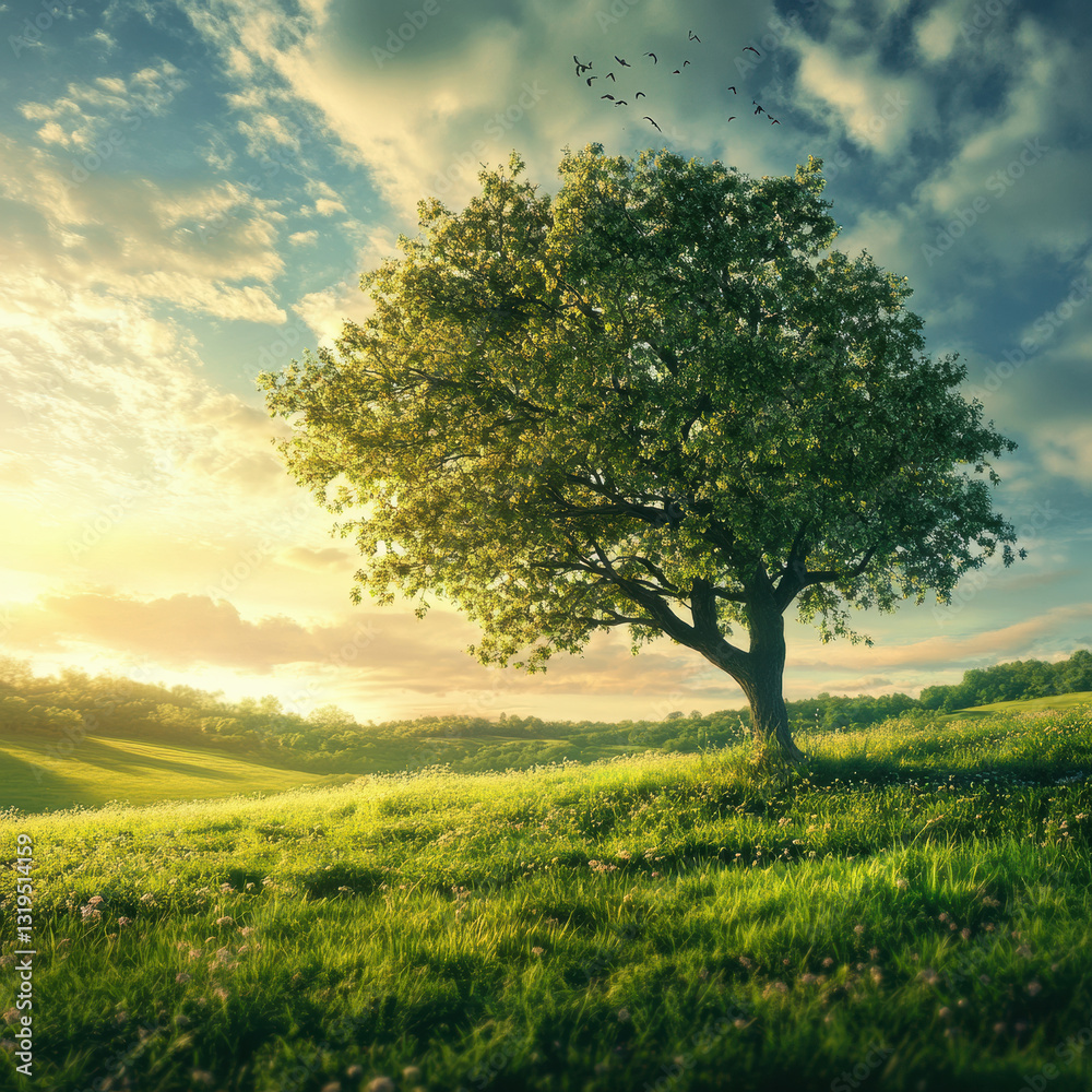 Fototapeta premium serene landscape featuring large tree in lush green field under vibrant sky. scene captures beauty of nature with soft sunlight and distant birds flying