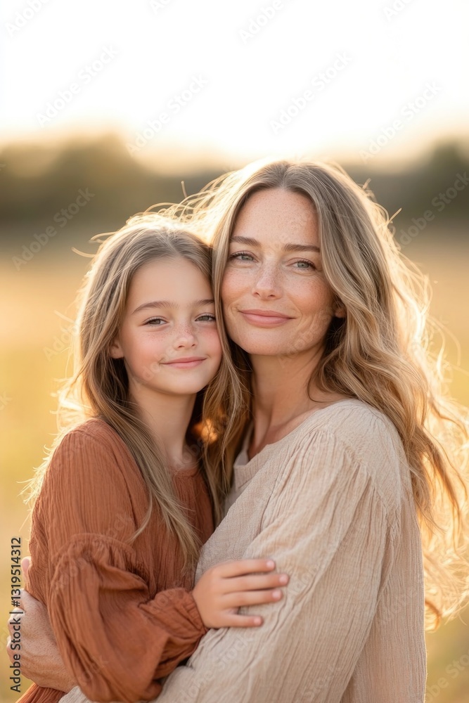 Fototapeta premium mother tenderly embraces her daughter in sunlit meadow both smiling gently with copy space for text
