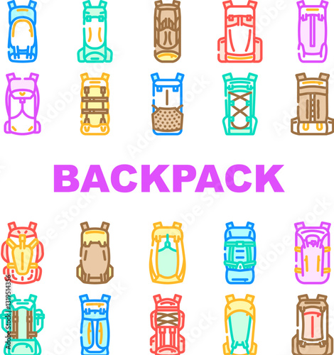 hiking backpack trail adventure icons set vector